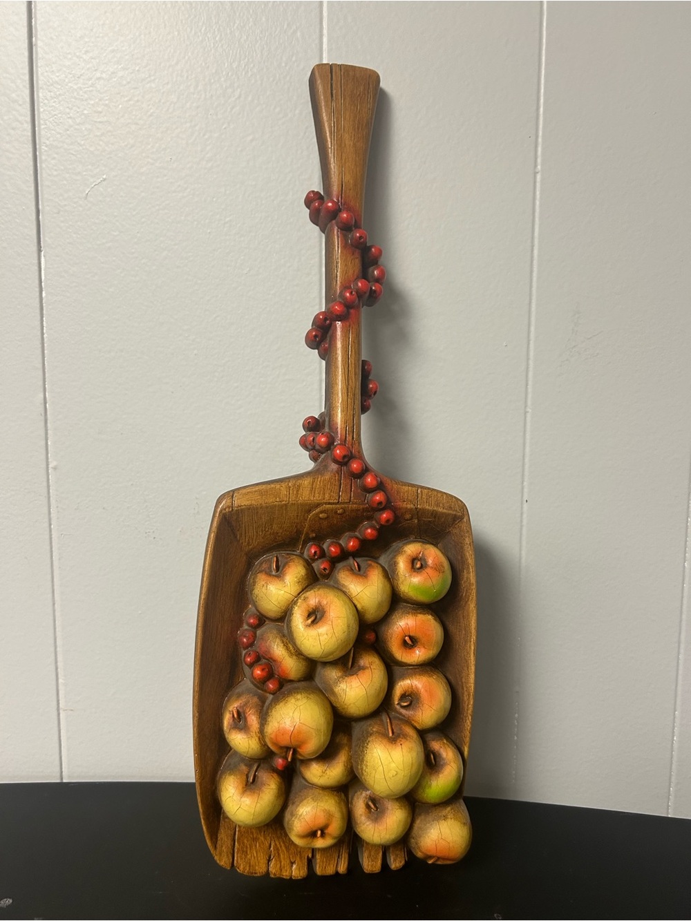 Burwood Products USA molded woodgrain shovel filled with apples and berries